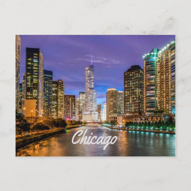 Chicago Illinois City At Night Postcard (Front)