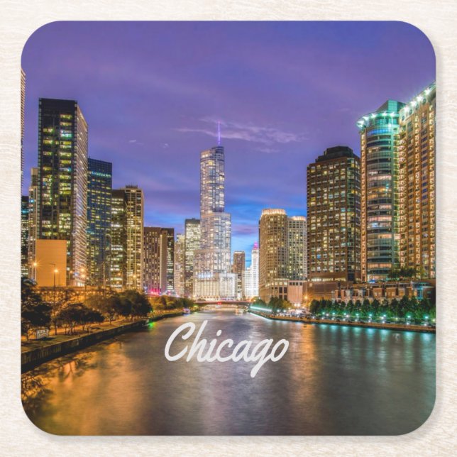 Chicago Illinois City At Night Square Paper Coaster (Front)