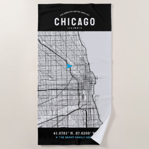 Chicago, Illinois City Map + Your Custom Location Beach Towel