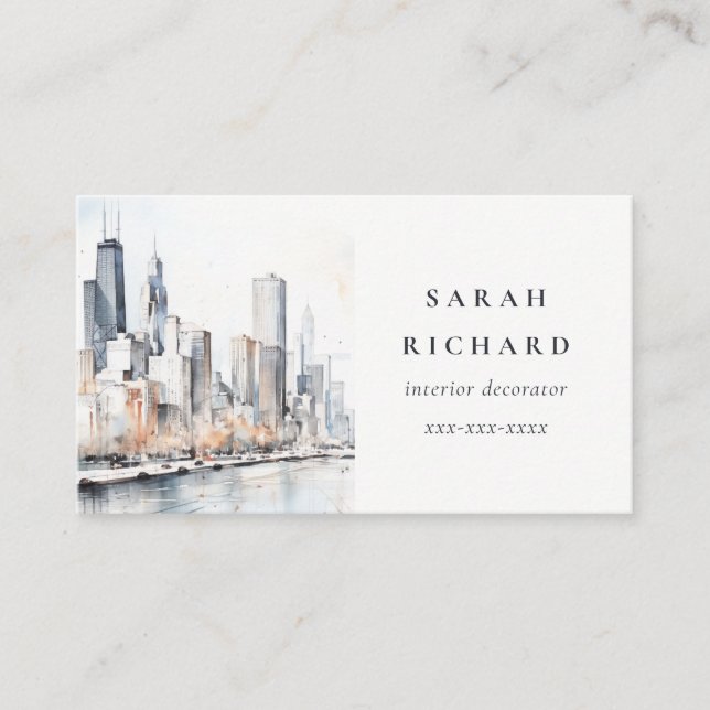 Chicago, Illinois City Scape Watercolor Travel Business Card (Front)