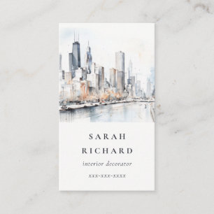 Chicago, Illinois City Scape Watercolor Travel Business Card