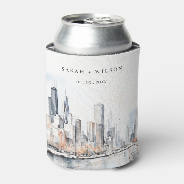 Chicago, Illinois City Scape Watercolor Wedding Can Cooler (Can Front)