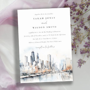 Chicago, Illinois City Scape Watercolor Wedding Invitation