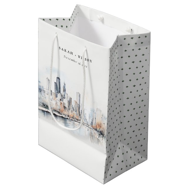 Chicago, Illinois City Scape Watercolor Wedding Medium Gift Bag (Front Angled)
