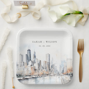 Chicago, Illinois City Scape Watercolor Wedding Paper Plate