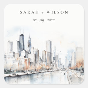Chicago, Illinois City Scape Watercolor Wedding Square Sticker