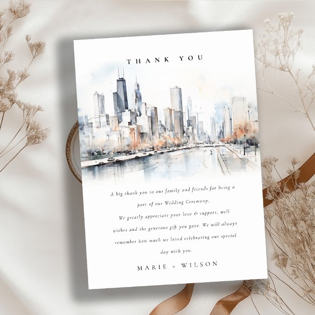 Chicago, Illinois City Scape Watercolor Wedding Thank You Card (Creator Uploaded)