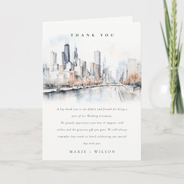 Chicago, Illinois City Scape Watercolor Wedding Thank You Card (Front)