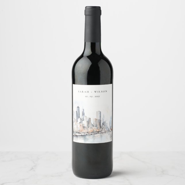 Chicago, Illinois City Scape Watercolor Wedding Wine Label (Front)