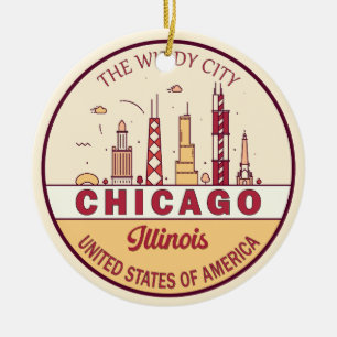 Chicago Illinois City Skyline Emblem Ceramic Tree Decoration