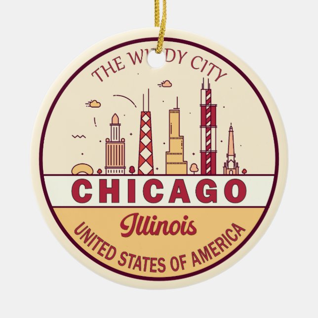 Chicago Illinois City Skyline Emblem Ceramic Tree Decoration (Front)