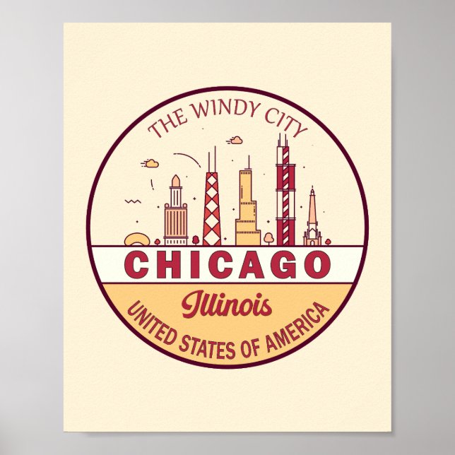 Chicago Illinois City Skyline Emblem Poster (Front)