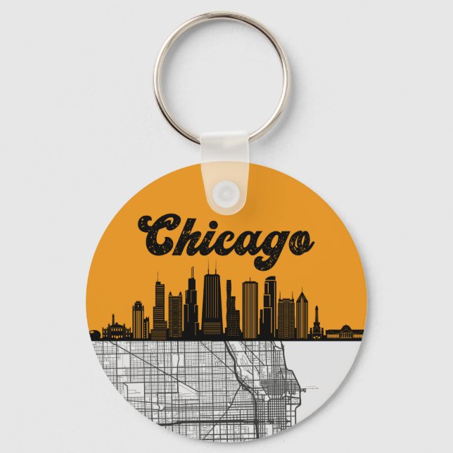 Chicago Illinois City Skyline With Map Key Ring (Front)