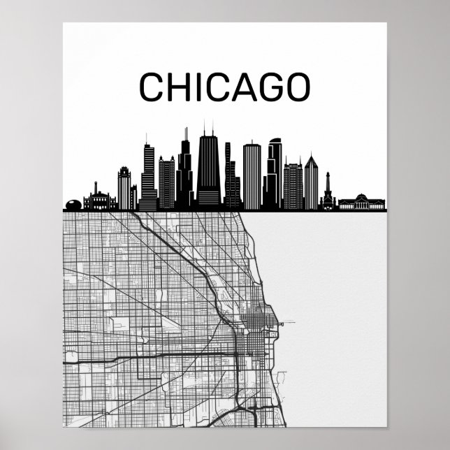 Chicago Illinois City Skyline With Map Poster (Front)