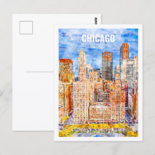 Chicago Illinois Famous Travel Watercolor Sketch Postcard