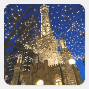 Chicago, Illinois, Old Water Tower with holiday Square Sticker