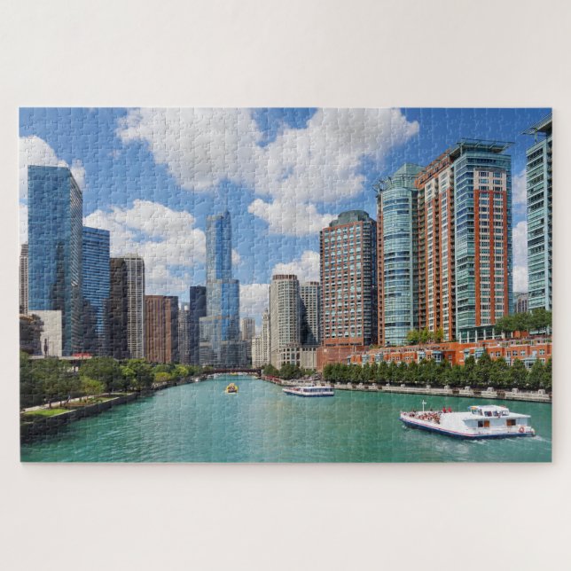 Chicago Illinois River City Skyline Travel Photo Jigsaw Puzzle (Horizontal)