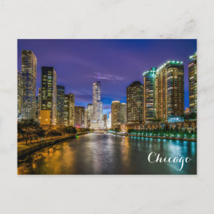 Chicago Illinois River Skyline at Night Photo Postcard