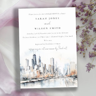 Chicago Illinois Scape Watercolor Couples Shower Invitation