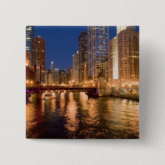 Chicago, Illinois, Skyline and Chicago River at 2 15 Cm Square Badge (Front)