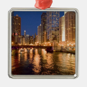 Chicago, Illinois, Skyline and Chicago River at 2 Metal Tree Decoration