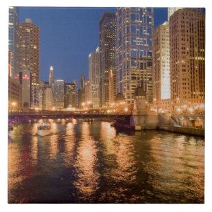 Chicago, Illinois, Skyline and Chicago River at 2 Tile