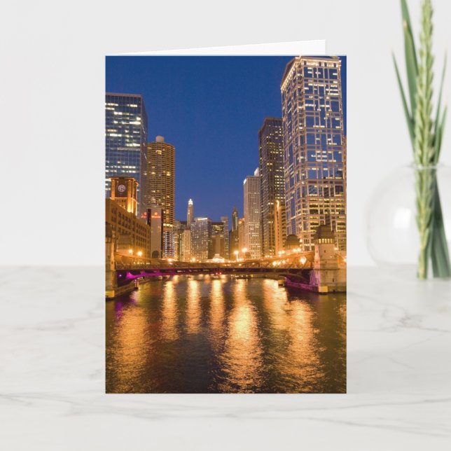 Chicago, Illinois, Skyline and Chicago River at Card (Front)