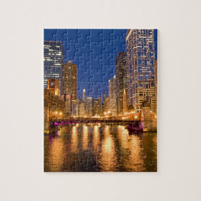 Chicago, Illinois, Skyline and Chicago River at Jigsaw Puzzle (Vertical)