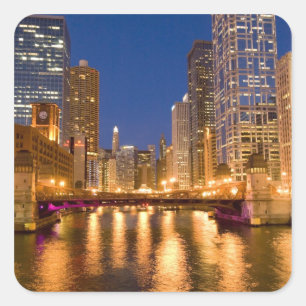 Chicago, Illinois, Skyline and Chicago River at Square Sticker