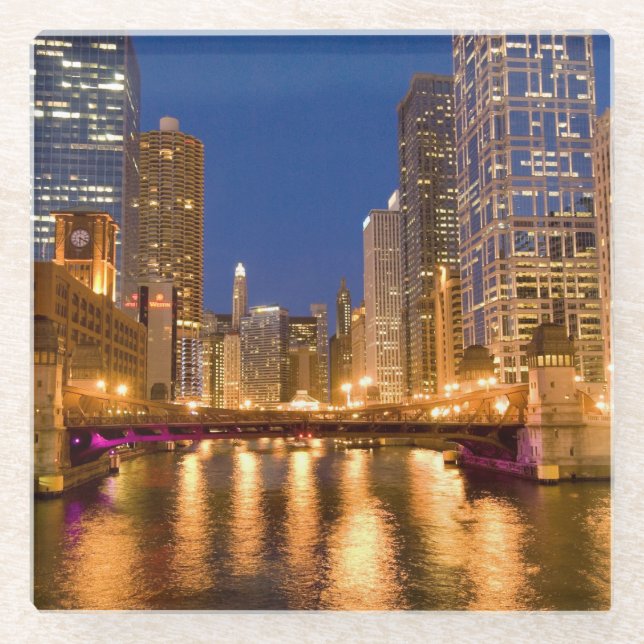 Chicago, Illinois, Skyline and Chicago River Glass Coaster (Front)