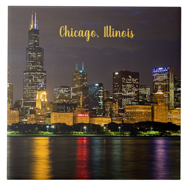 Chicago, Illinois Skyline at Night Tile (Front)