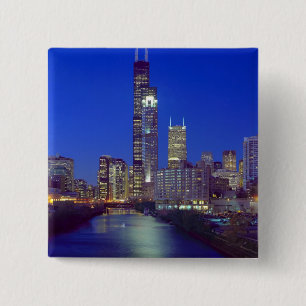 Chicago, Illinois, Skyline at night with Chicago 15 Cm Square Badge