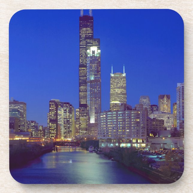 Chicago, Illinois, Skyline at night with Chicago Coaster (Front)