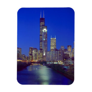 Chicago, Illinois, Skyline at night with Chicago Magnet