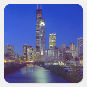 Chicago, Illinois, Skyline at night with Chicago Square Sticker