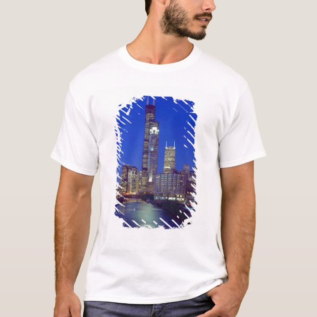 Chicago, Illinois, Skyline at night with Chicago T-Shirt (Front)