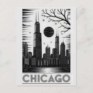 Chicago Illinois Skyline Black White Woodcut Postcard