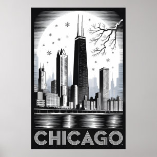 Chicago Illinois Skyline Black White Woodcut Poster