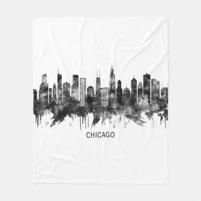 Chicago Illinois Skyline BW Fleece Blanket (Front)