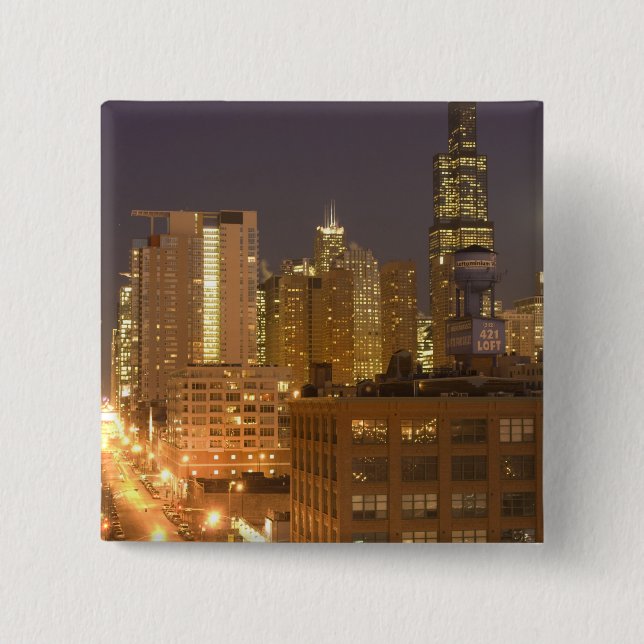 Chicago, Illinois, Skyline from West Loop at 15 Cm Square Badge (Front)