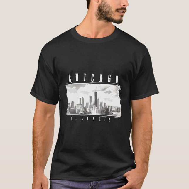 Chicago Illinois Skyline Pride Black White Chicago T-Shirt (Front)