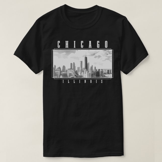 Chicago Illinois Skyline Pride Black & White Vinta T-Shirt (Design Front)