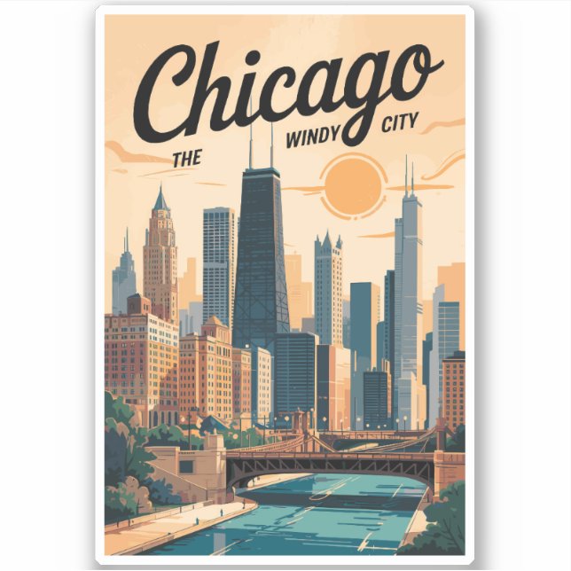 Chicago Illinois Skyline Travel Art Vintage (Front)