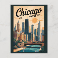 Chicago Illinois Skyline Travel Art Vintage
