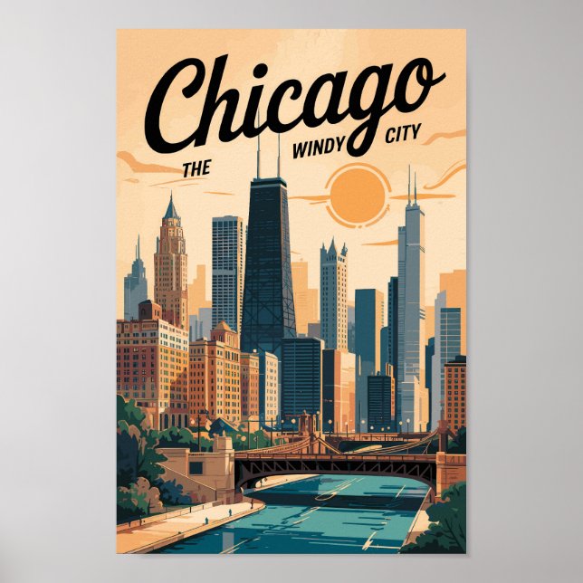 Chicago Illinois Skyline Travel Art Vintage Poster (Front)