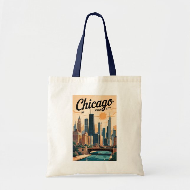 Chicago Illinois Skyline Travel Art Vintage Tote Bag (Front)