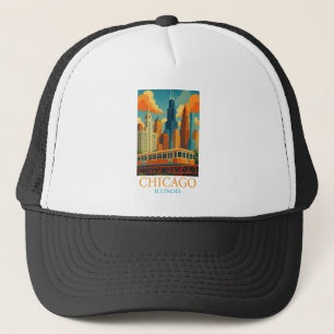 Chicago Illinois Skyline Vintage Art Travel Trucker Hat