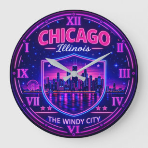 Chicago Illinois Skyline Windy City Neon Large Clock