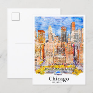 Chicago Illinois Travel Watercolor Hand Drawn Postcard