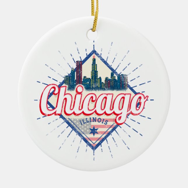 Chicago Illinois United States Retro Skyline USA Ceramic Tree Decoration (Front)